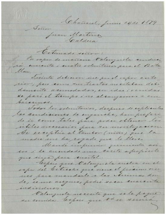 Carta de A. M. López al comandante Juan Martínez